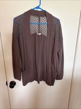 Maurices Crochet Yoke Open Cardigan - Brown